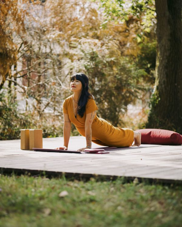 Posture du chien tête en haut, pratique de yoga en plein air